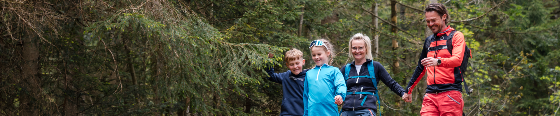 Eine Familie beim Wandern auf einem Waldweg voller Baumwurzeln.
